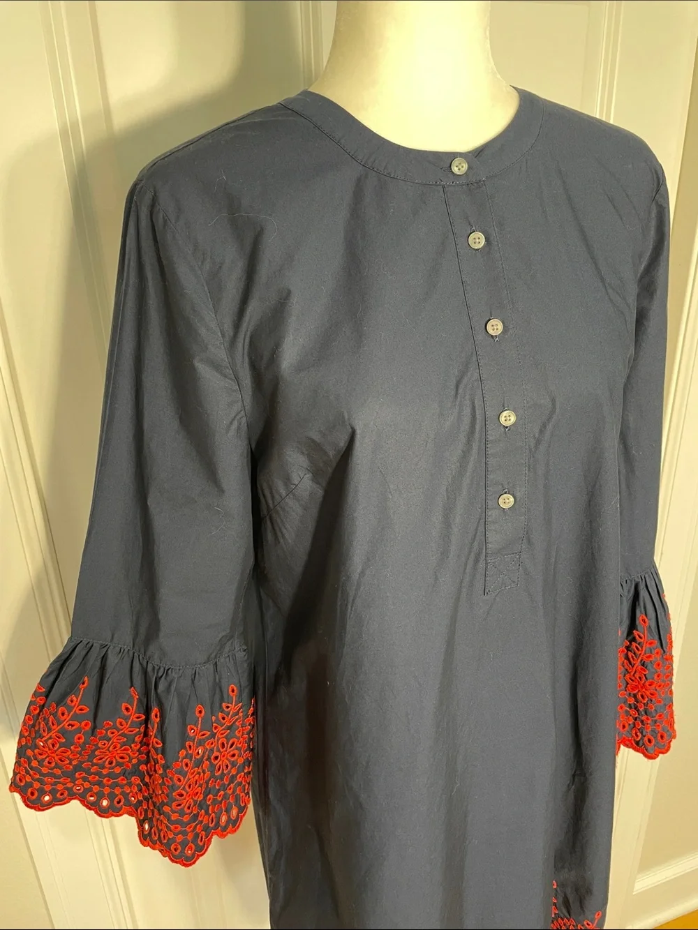 J. Crew Midi Dress Medium Embroidered Eyelet Bell Long Sleeve Navy Blue